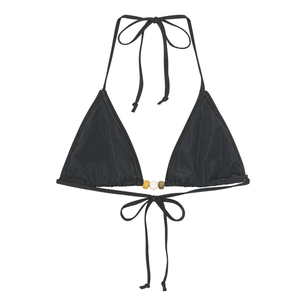 Black bikini with a triangle top featuring earthy-tone chunky beads and a bow-tied belt, size M/L. Perfect for stylish summer outings.