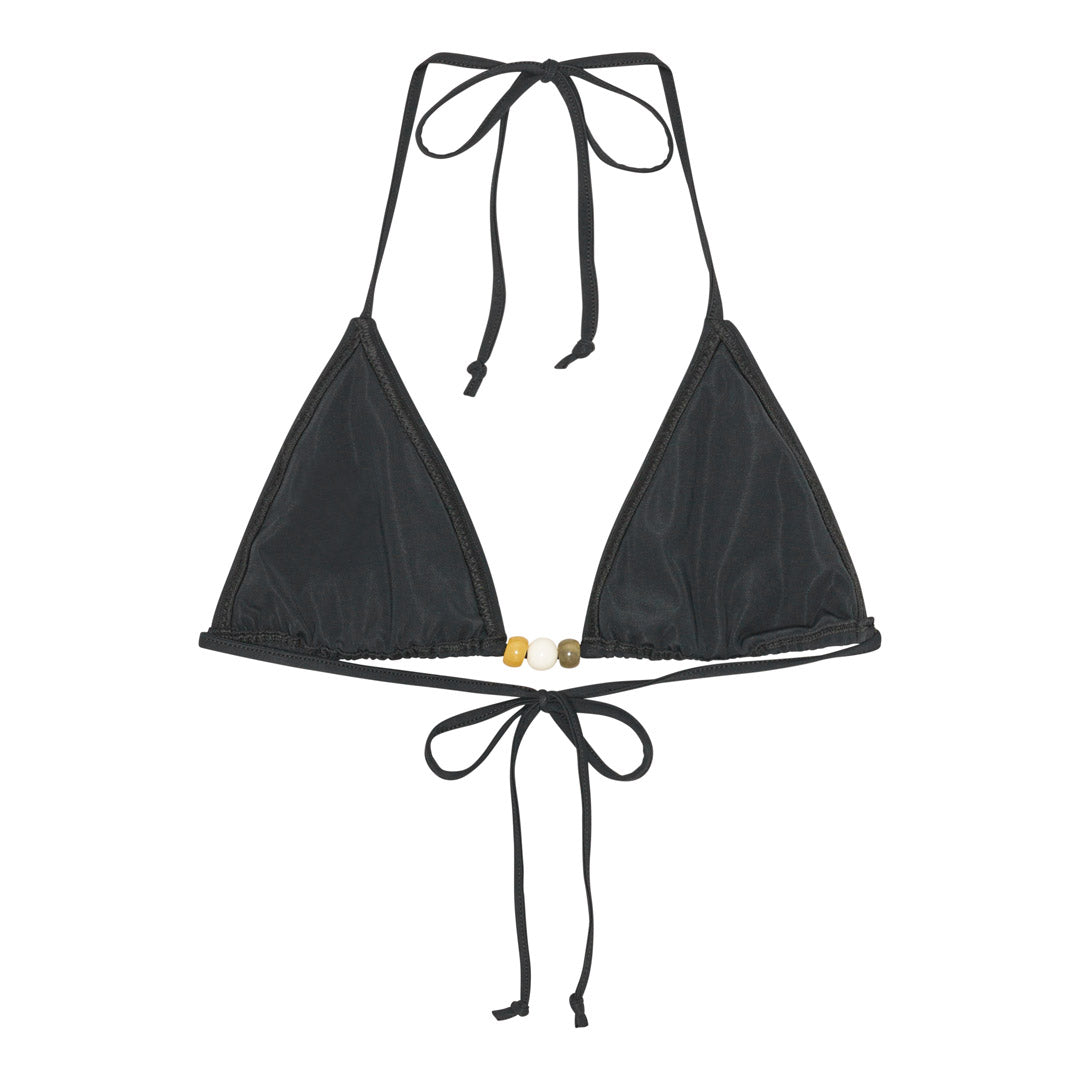 Black bikini with a triangle top featuring earthy-tone chunky beads and a bow-tied belt, size M/L. Perfect for stylish summer outings.