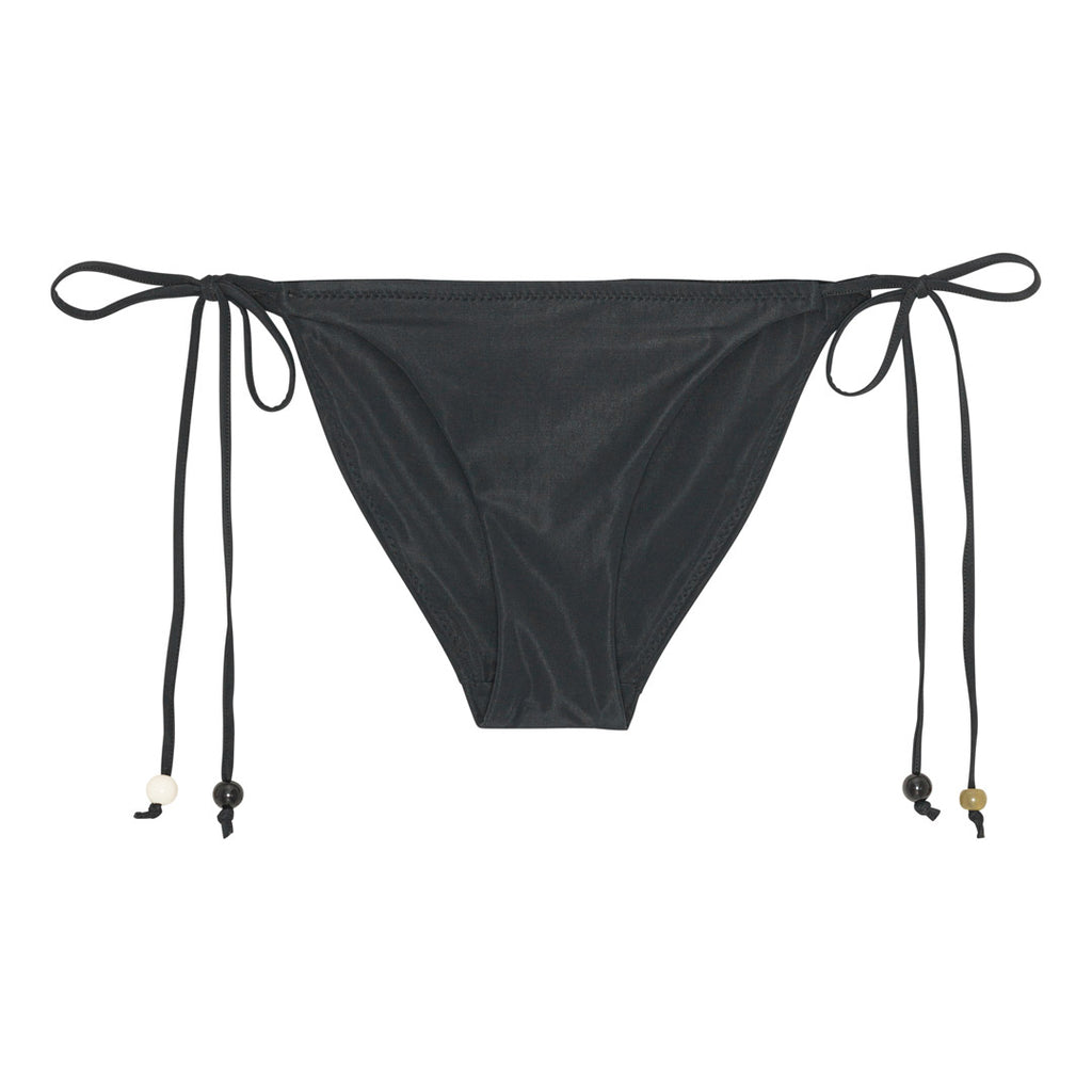 Pilgrim's black bikini bottoms with high-cut legs and side ties, featuring decorative straps with chunky beads for a boho chic touch, size M/L.