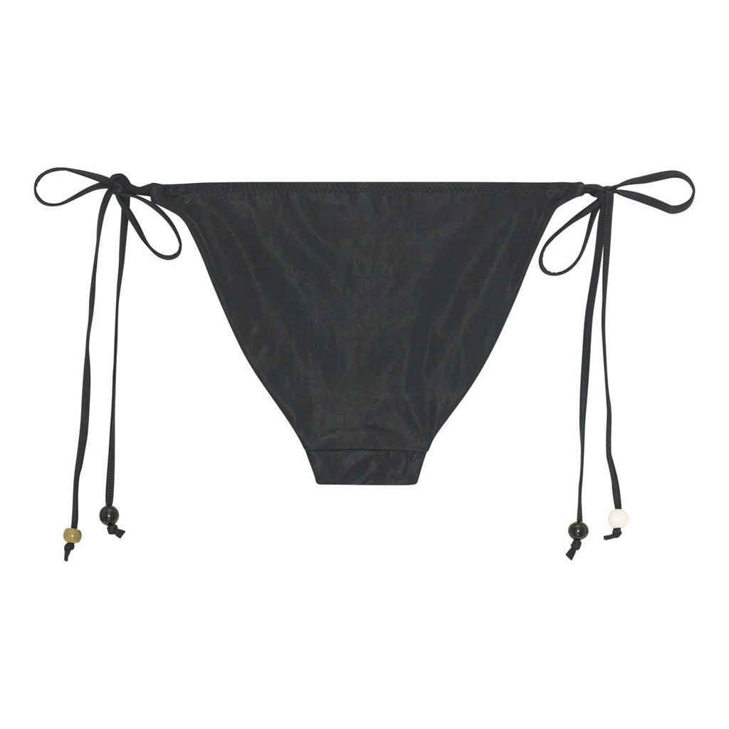 Black triangle bikini with chunky earthy-tone beads and side ties, high-cut bottoms, packed in a sleek black drawstring pouch, size M/L.
