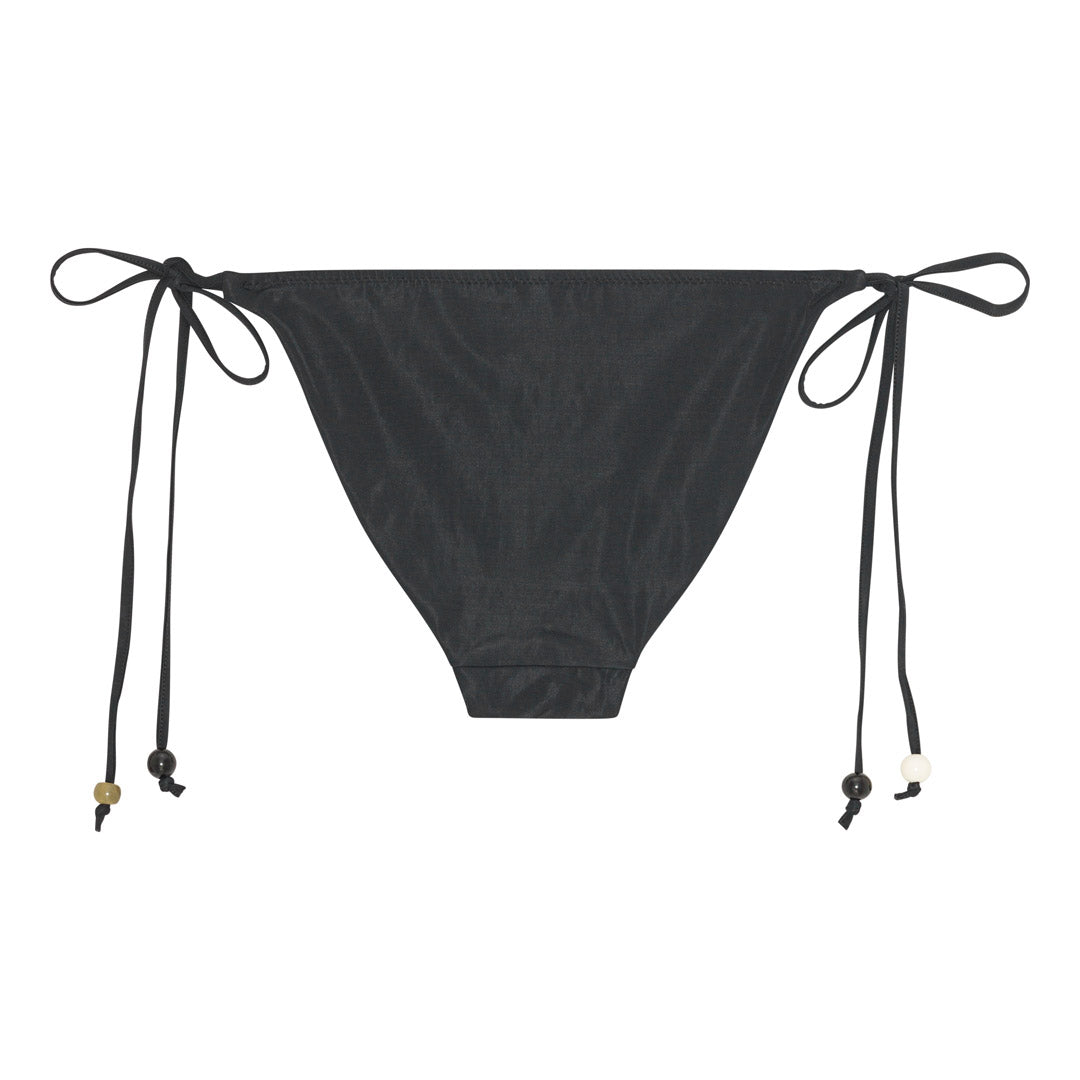 Black triangle bikini with chunky earthy-tone beads and side ties, high-cut bottoms, packed in a sleek black drawstring pouch, size M/L.