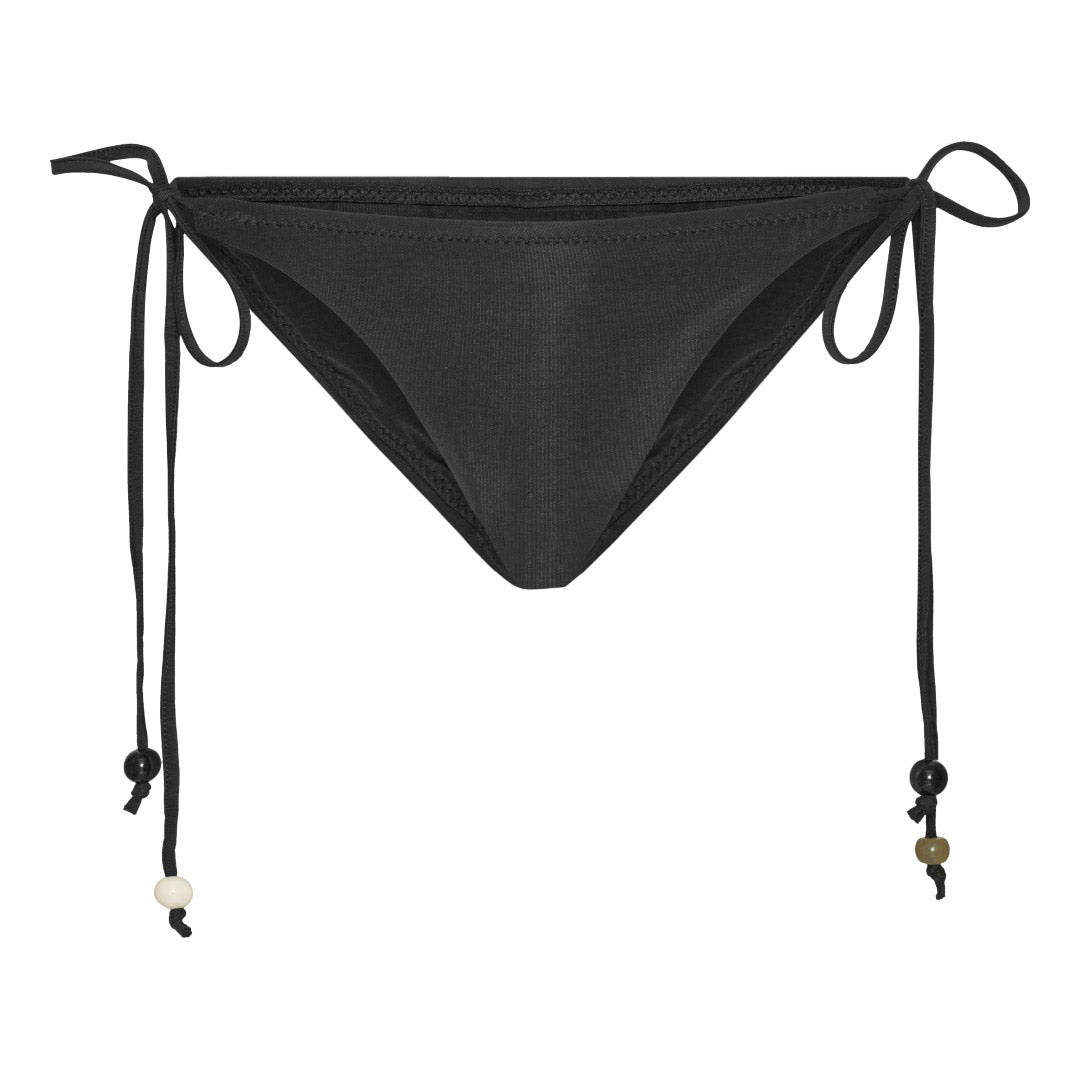 Black bikini, size M/L, with triangle top featuring earthy bead details and tie-neck halter, paired with high-cut bottoms and decorative beaded side ties.