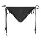 Black bikini, size M/L, with triangle top featuring earthy bead details and tie-neck halter, paired with high-cut bottoms and decorative beaded side ties.