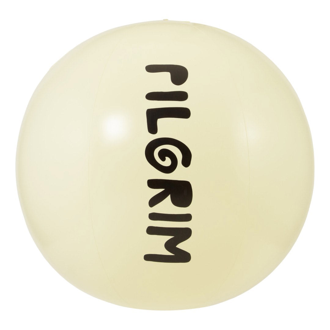 Off-white beach ball, 50 cm, featuring a black Pilgrim logo, ideal for beach or pool fun, embodying playful summer vibes and Scandinavian style.