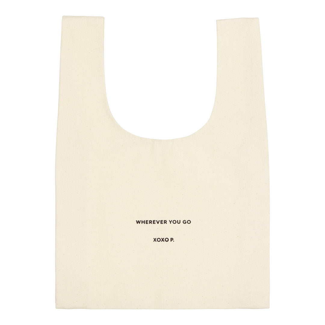Small Fashion canvas tote-bag in off-white with black wherever you go print, featuring broad woven straps, ideal for carrying daily essentials.
