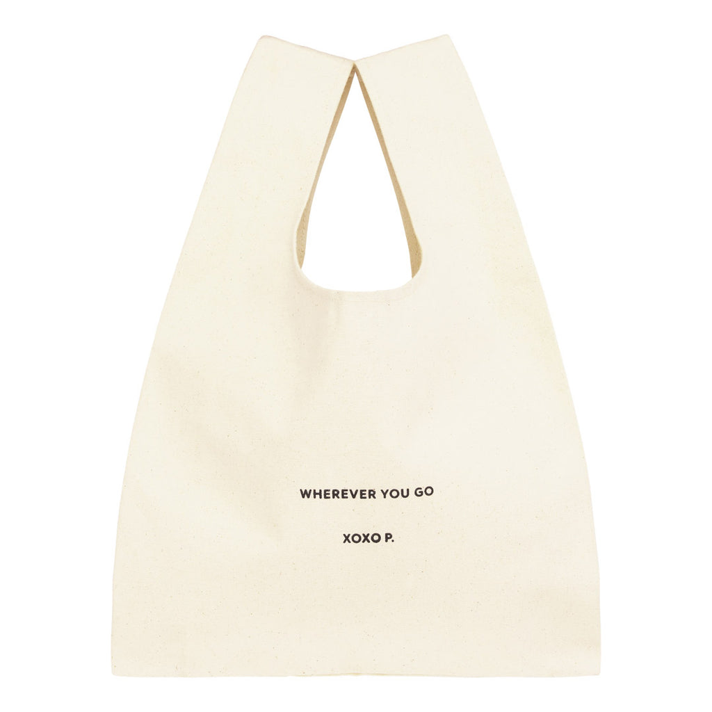 Small Fashion canvas tote-bag, off-white, with wherever you go print and broad woven straps, ideal for carrying essentials effortlessly.