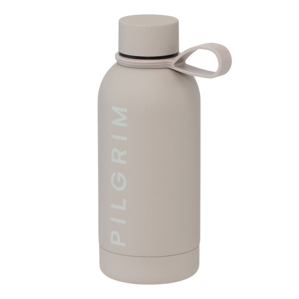 Upper half of the 350 ml Pilgrim Steel Bottle in light taupe, featuring a minimalist design with a screw-on lid and loop handle. Ideal for stylish hydration.