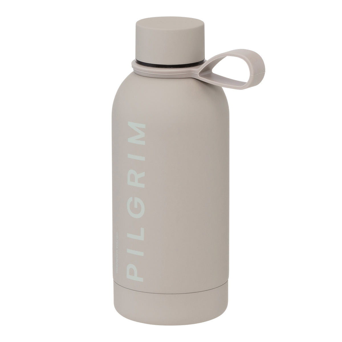Upper half of the 350 ml Pilgrim Steel Bottle in light taupe, featuring a minimalist design with a screw-on lid and loop handle. Ideal for stylish hydration.