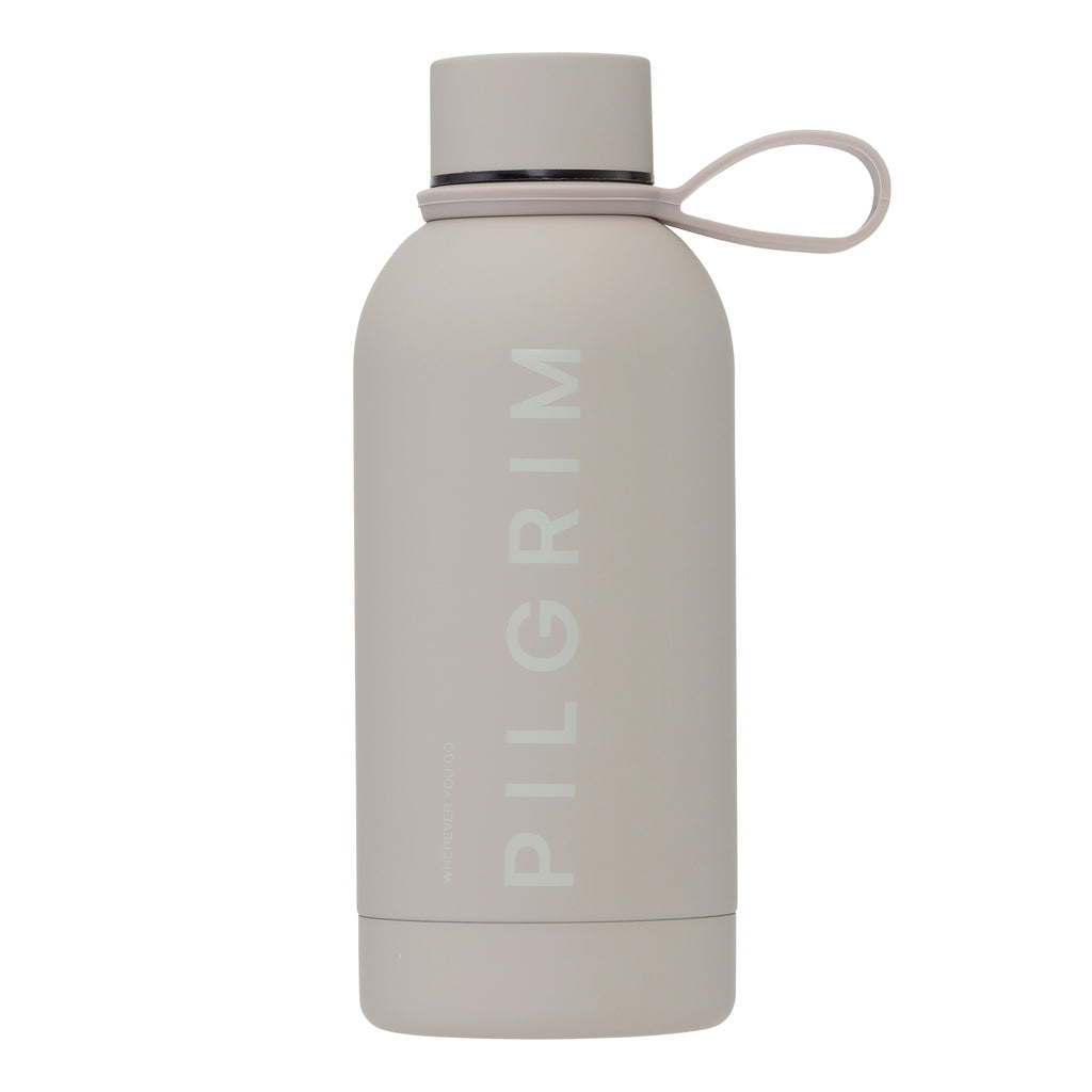 Steel bottle 350 ml - grey with Pilgrim logo, featuring a matte finish, screw-on lid, and looped carrying strap, perfect for stylish hydration on the go.