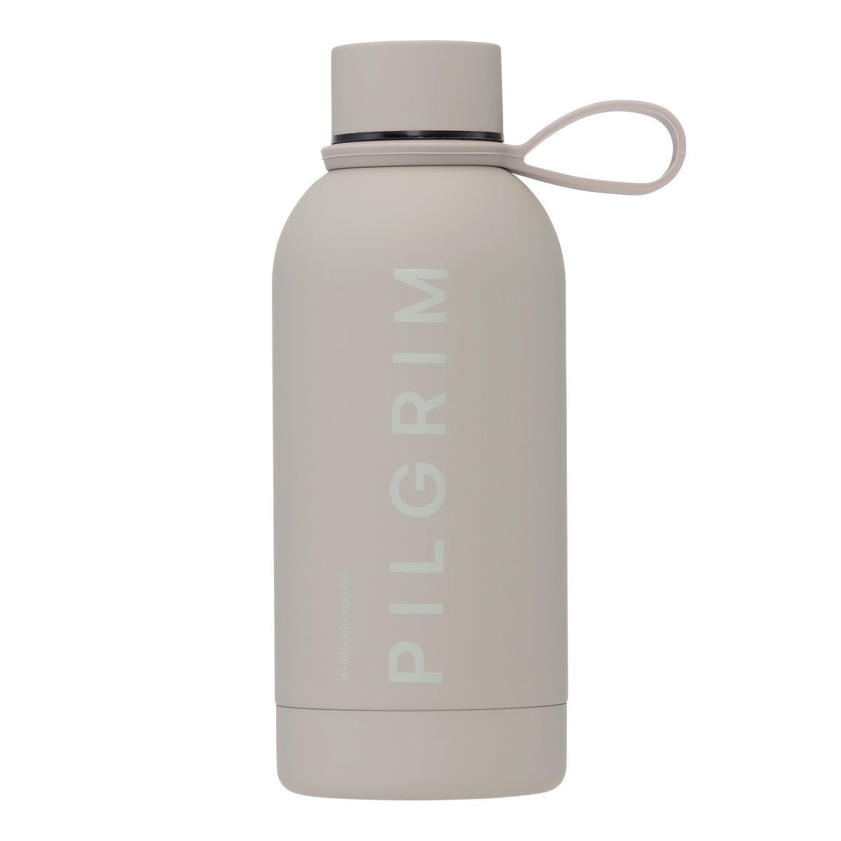 Steel bottle 350 ml - grey with Pilgrim logo, featuring a matte finish, screw-on lid, and looped carrying strap, perfect for stylish hydration on the go.