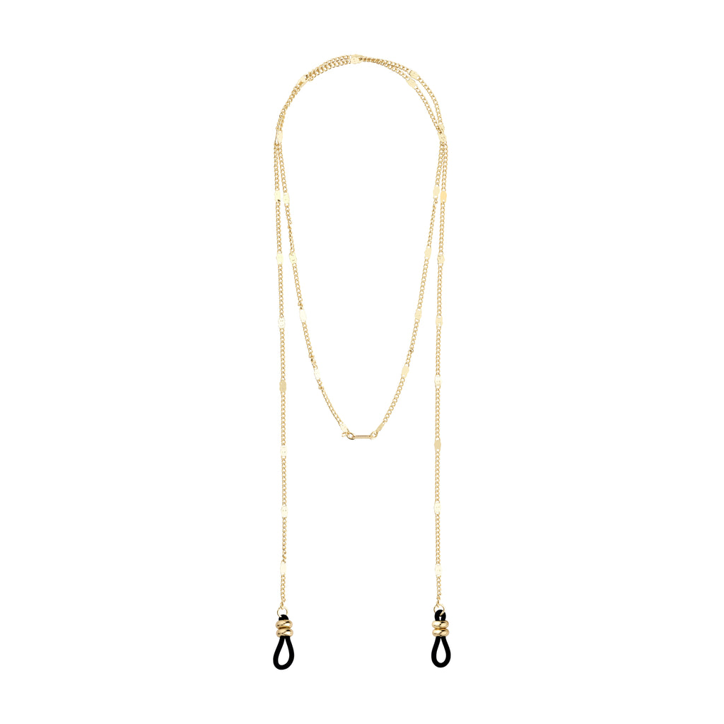Gold-plated CAT chain for sunglasses featuring black adjustable rubber loops, designed for versatile style and easy attachment to eyewear.