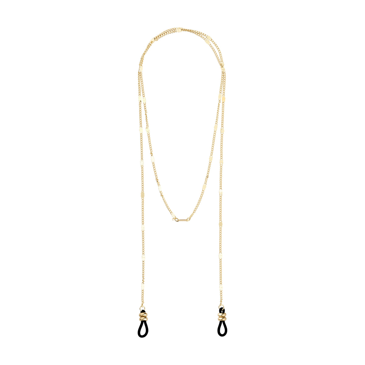 Gold-plated CAT chain for sunglasses featuring black adjustable rubber loops, designed for versatile style and easy attachment to eyewear.