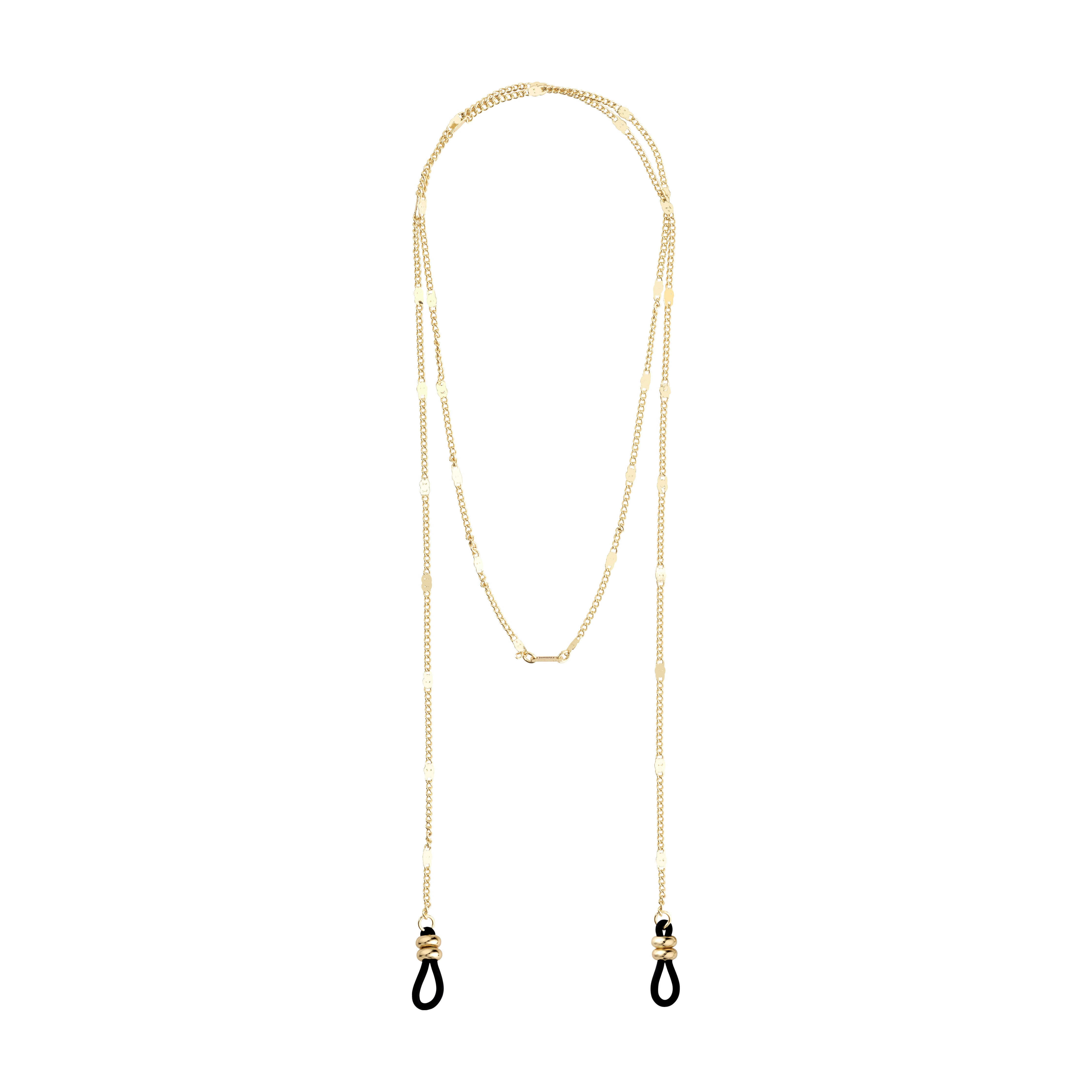 Gold-plated CAT chain for sunglasses featuring black adjustable rubber loops, designed for versatile style and easy attachment to eyewear.
