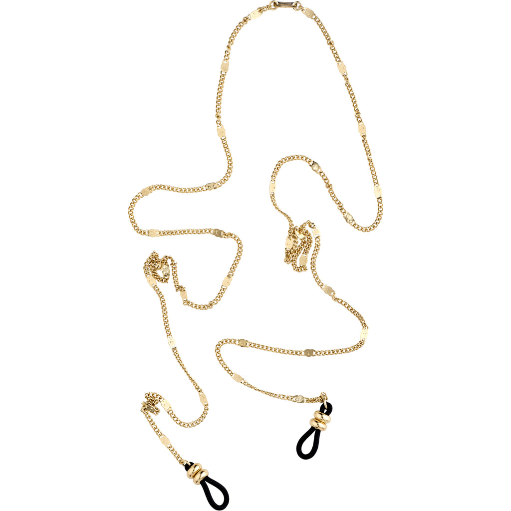 Gold-plated sunglass chain with black cord and flattened links, attachable to glasses with black rubber loops, from Pilgrim's trendy accessories collection.