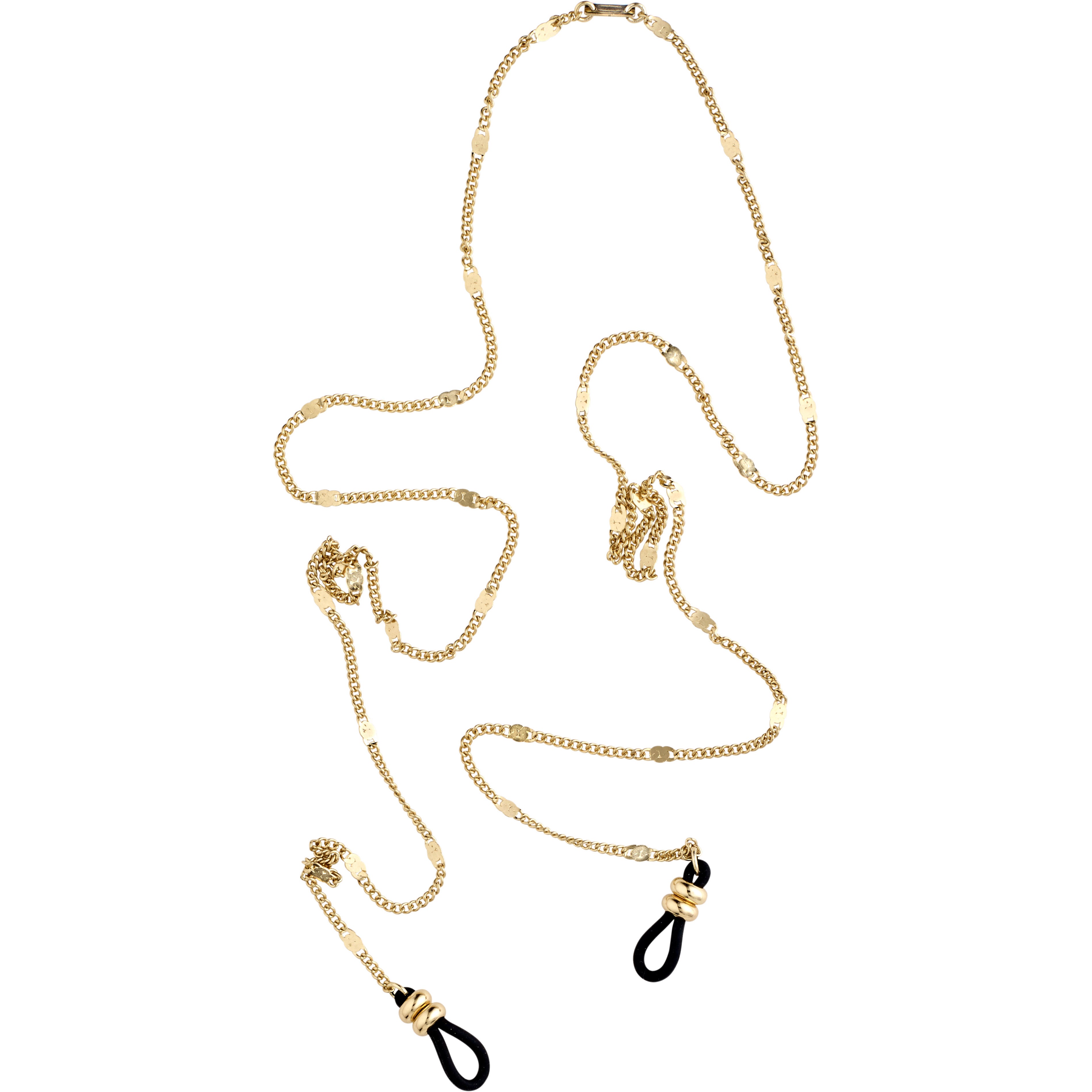Gold-plated sunglass chain with black cord and flattened links, attachable to glasses with black rubber loops, from Pilgrim's trendy accessories collection.