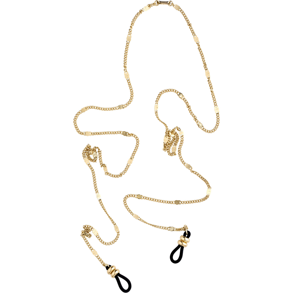 Gold-plated sunglass chain with black cord and flattened links, attachable to glasses with black rubber loops, from Pilgrim's trendy accessories collection.