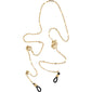 Gold-plated sunglass chain with black cord and flattened links, attachable to glasses with black rubber loops, from Pilgrim's trendy accessories collection.