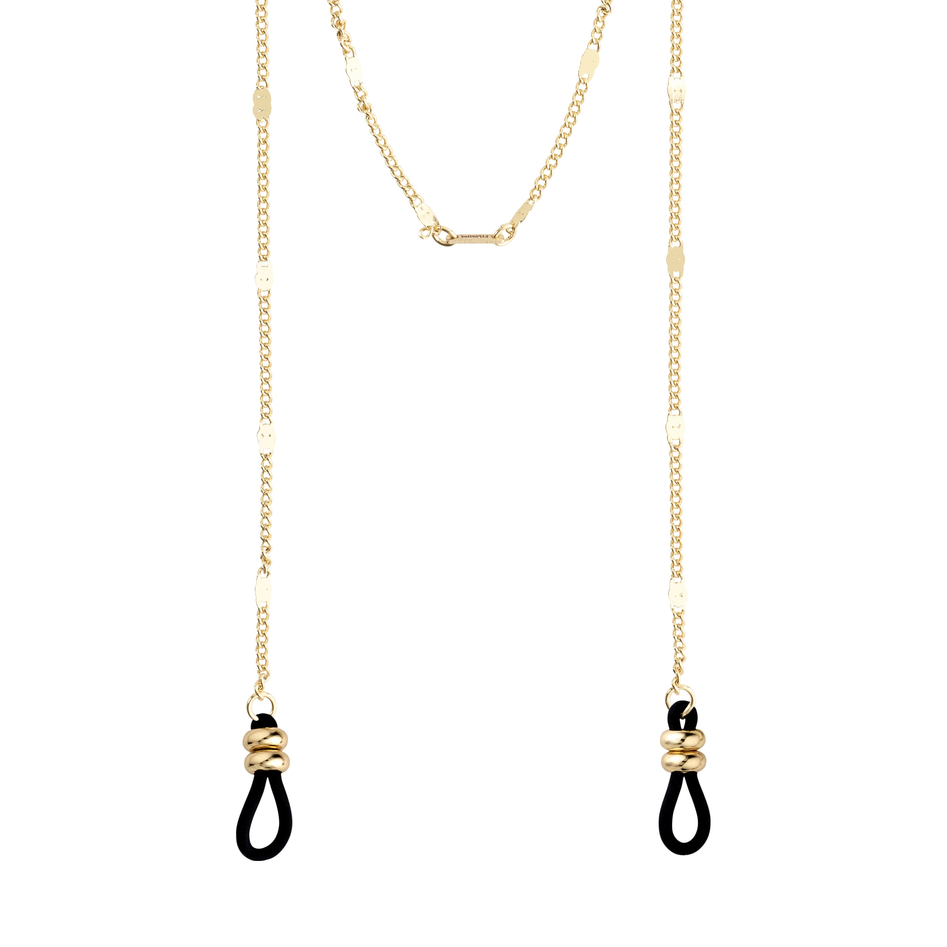 CAT chain for sunglasses, gold-plated, featuring black adjustable straps. Elegant, flattened link design for a chic addition to any outfit.