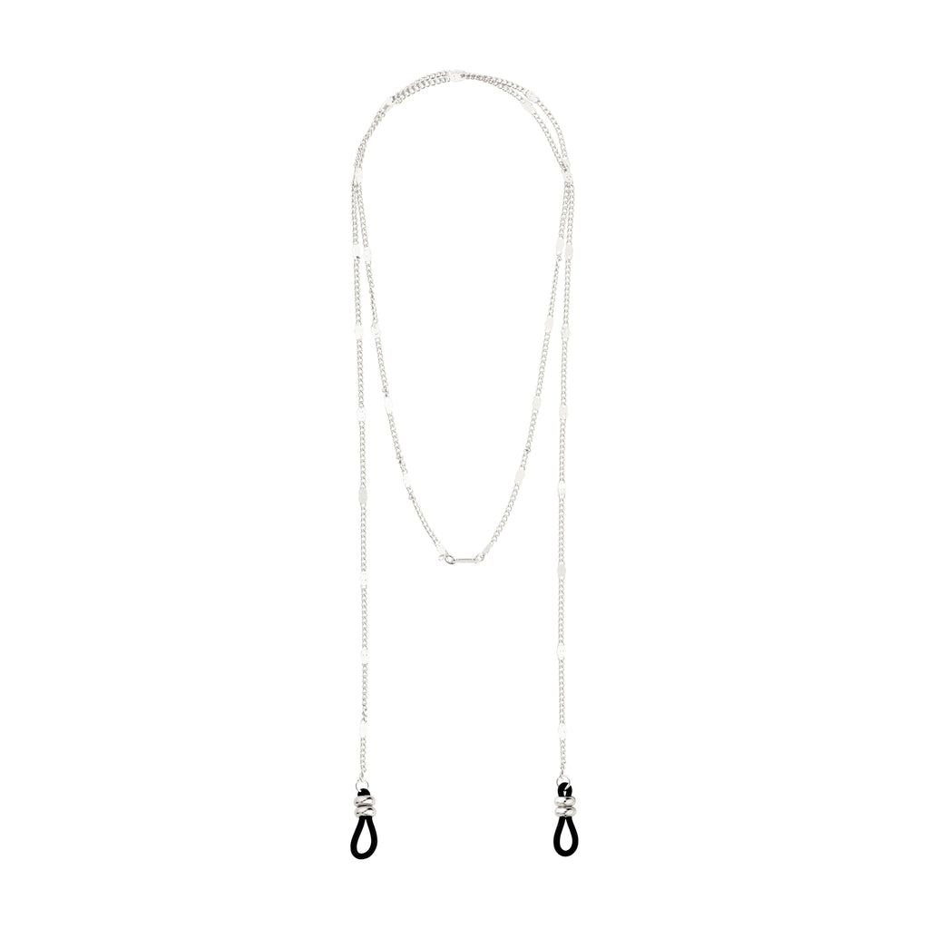 CAT chain for sunglasses, silver-plated, featuring a stylish design with flattened links and black adjustable rubber loops for attaching to glasses.