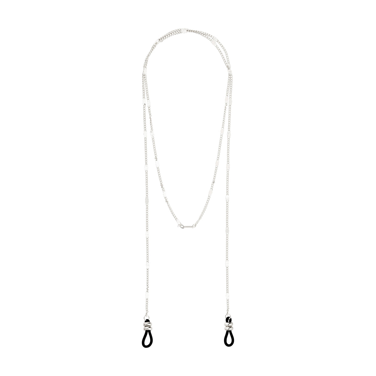 CAT chain for sunglasses, silver-plated, featuring a stylish design with flattened links and black adjustable rubber loops for attaching to glasses.