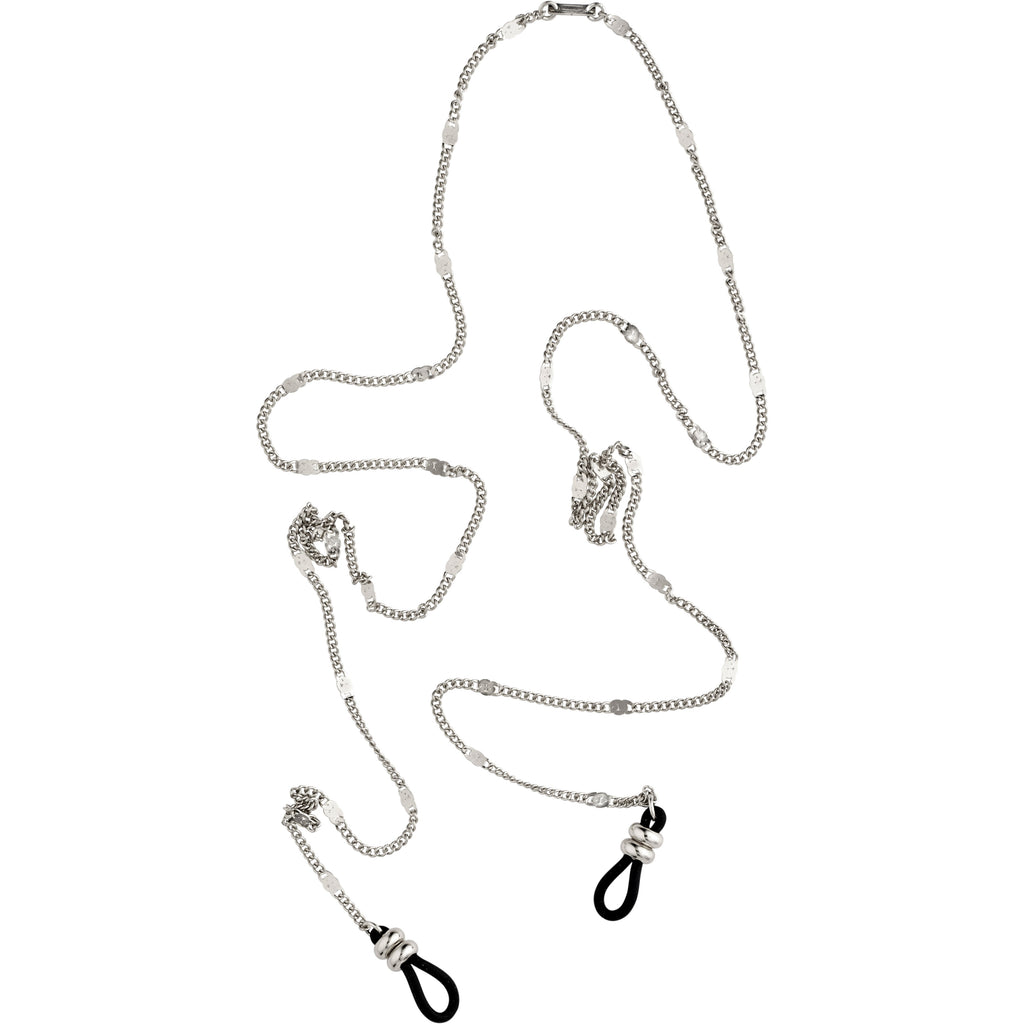 Silver-plated CAT chain for sunglasses with flattened links and black adjustable rubber loops, designed for style and functionality. Compatible with Pilgrim sunglasses.