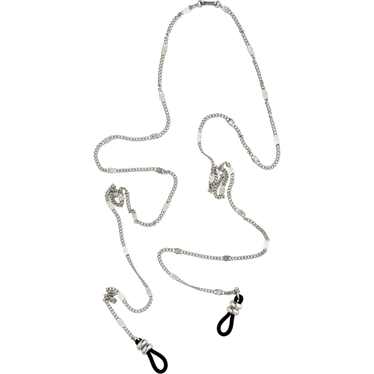 Silver-plated CAT chain for sunglasses with flattened links and black adjustable rubber loops, designed for style and functionality. Compatible with Pilgrim sunglasses.