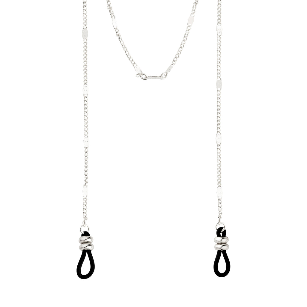 Silver-plated sunglass chain with flattened links and black rubber loops, designed for Pilgrim eyewear. Adds a stylish, glamorous touch to any outfit.