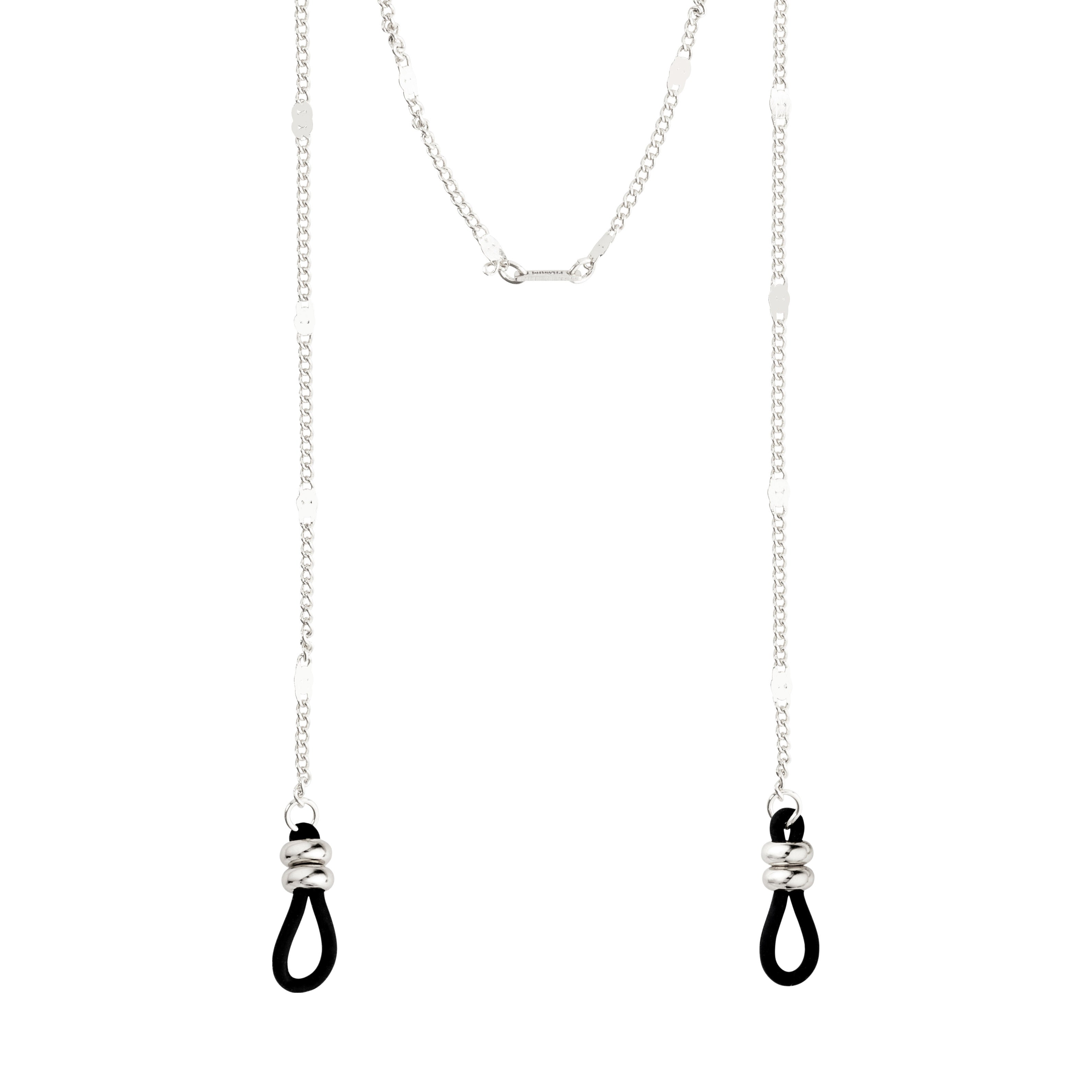 Silver-plated sunglass chain with flattened links and black rubber loops, designed for Pilgrim eyewear. Adds a stylish, glamorous touch to any outfit.