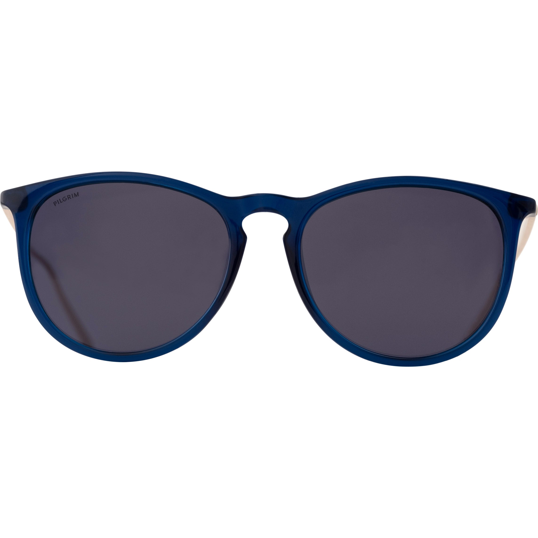 VANILLE sunglasses with dark blue lenses and silver-plated frames, showcasing simple elegance. Offers UVA/UVB protection and UV4 lenses by Pilgrim.