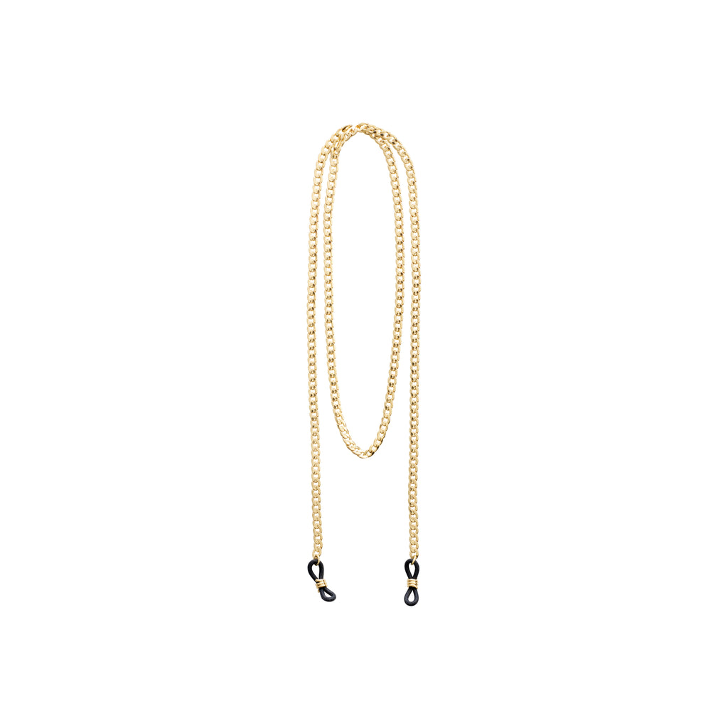 AJA curb chain for sunglasses, gold-plated, featuring a stylish 85 cm curb-chain with black adjustable loops for attaching to sunglasses.