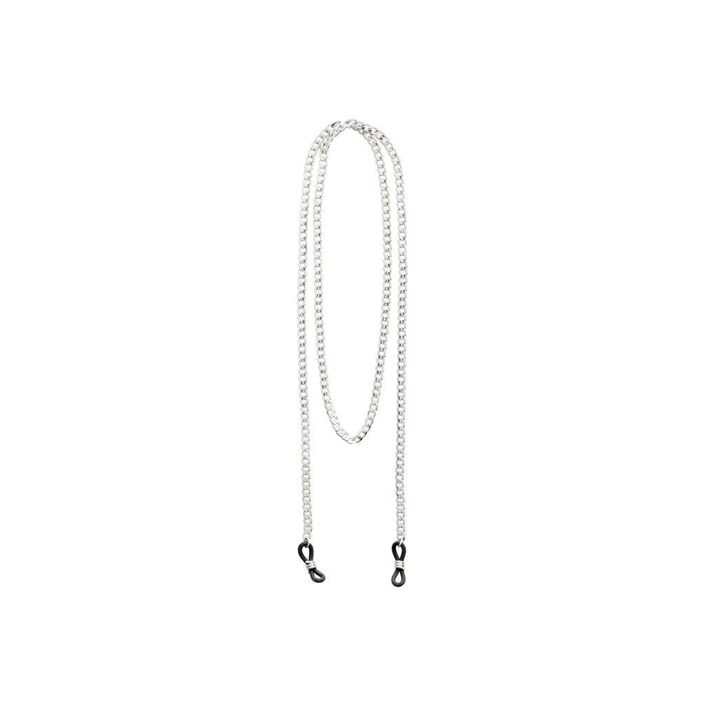 AJA curb chain for sunglasses, silver-plated, features a stylish 85 cm curb chain with black adjustable rubber loops for secure attachment.