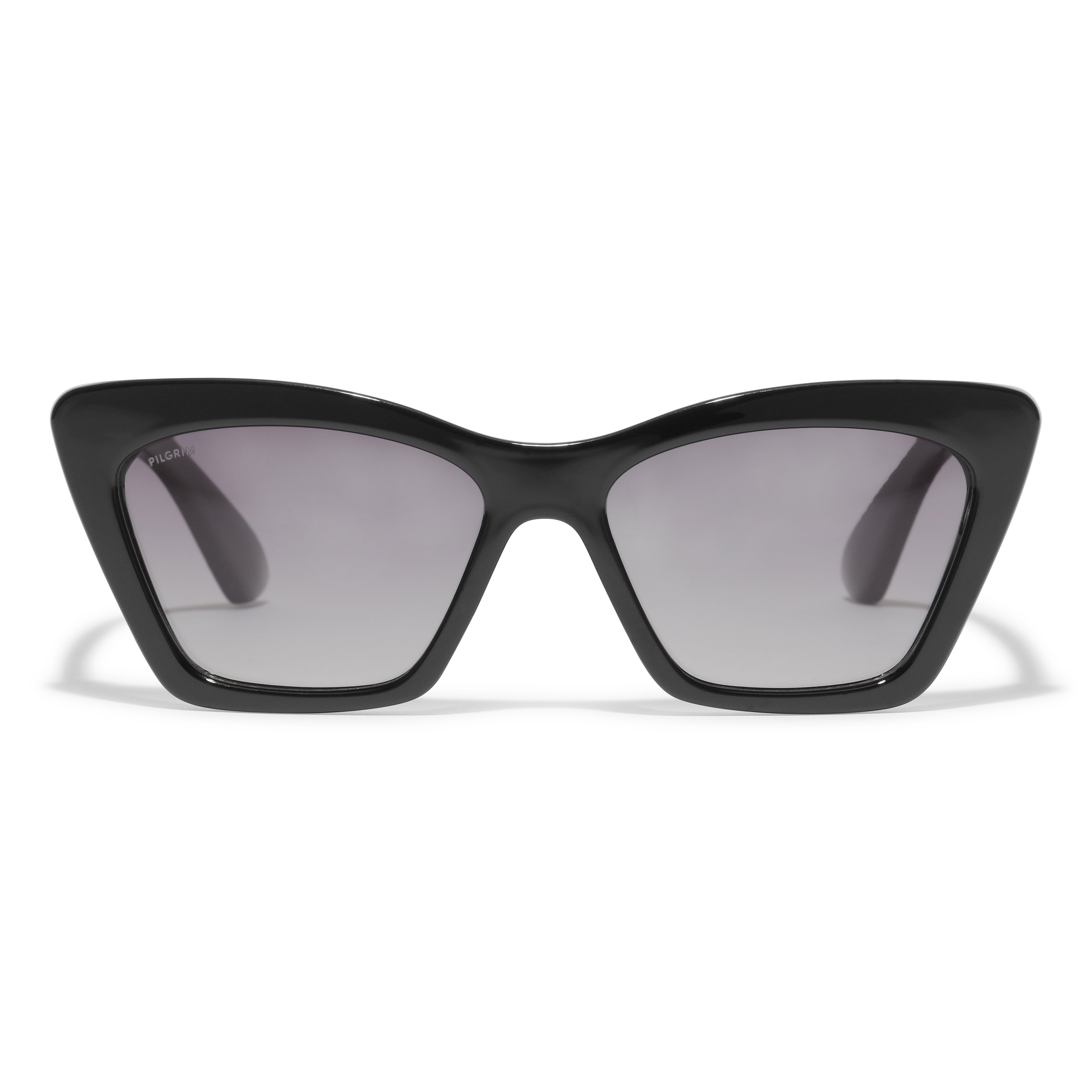 DAKOTA angular cat-eye sunglasses in black, featuring grey lenses. These elegant sunglasses from Pilgrim offer a timeless, feminine look, perfect for stylish accessorizing.