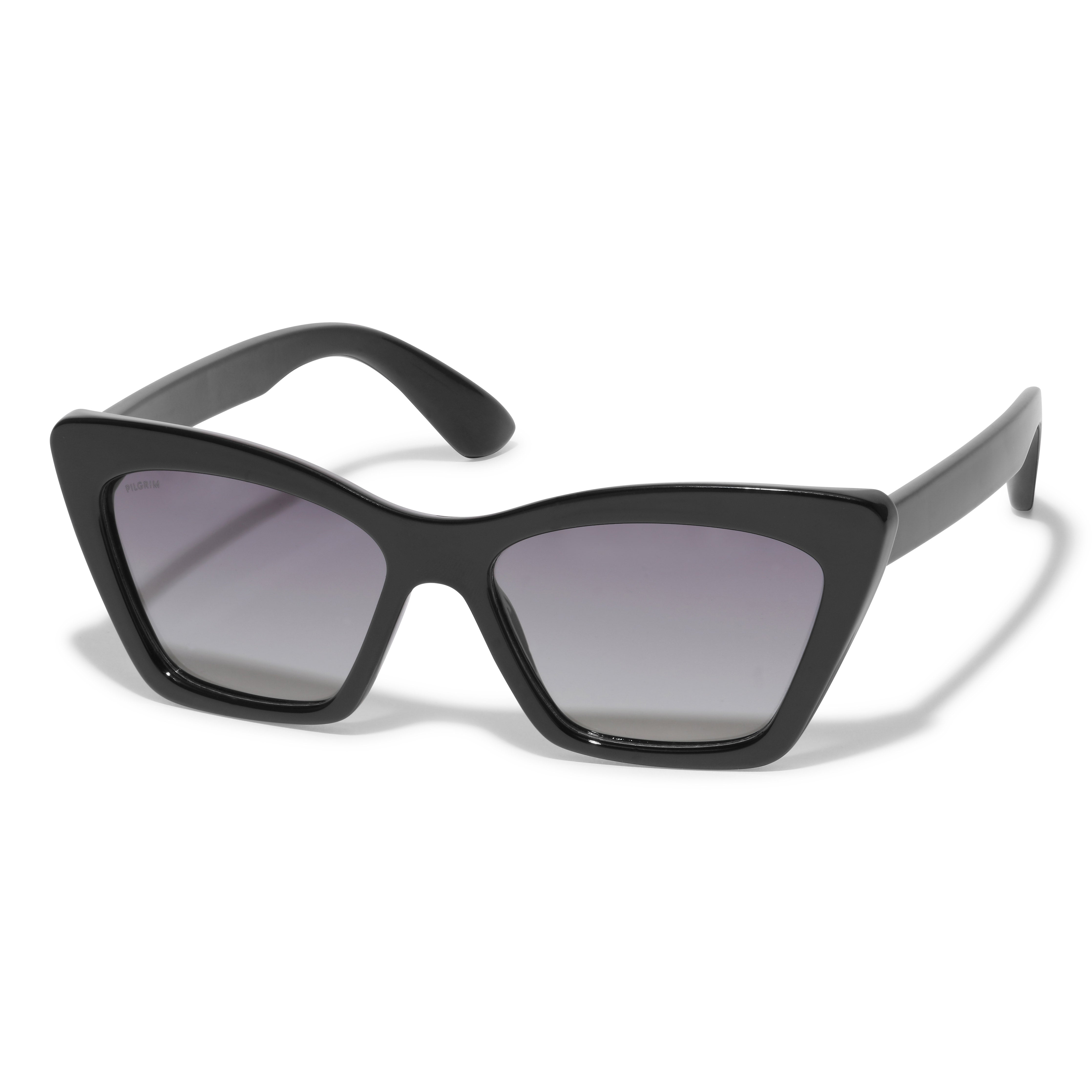 DAKOTA angular cat-eye shaped sunglasses in black with purple lenses, offering a classic and versatile style from Pilgrim, perfect for both elegant and trendy looks.