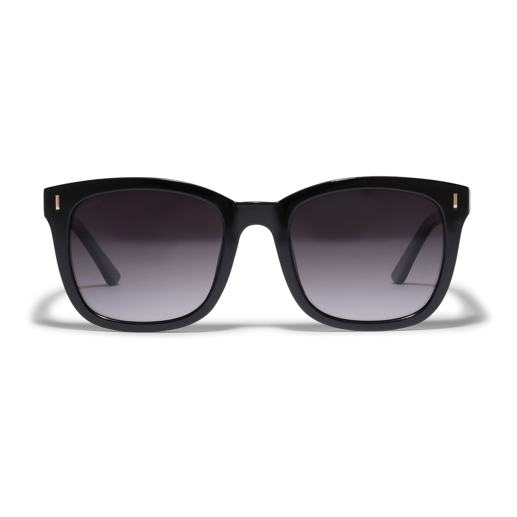 KATYA iconic retro sunglasses in black with grey lenses, featuring a silver touch, made from 75% recycled plastic, offering UVA/UVB protection.