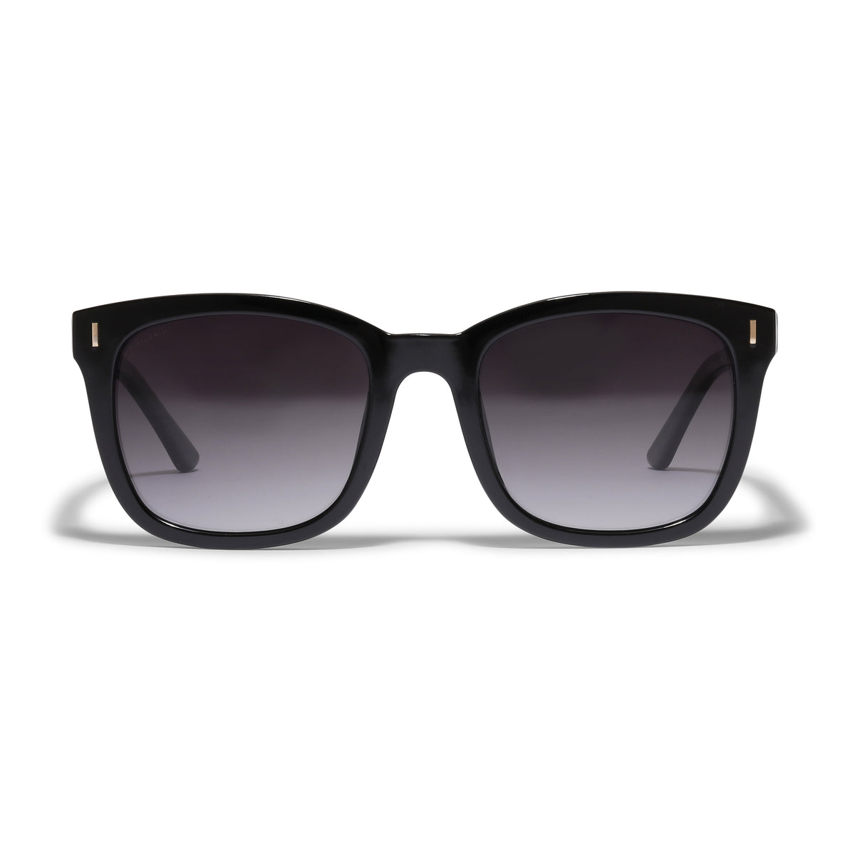 KATYA iconic retro sunglasses in black with grey lenses, featuring a silver touch, made from 75% recycled plastic, offering UVA/UVB protection.