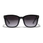 KATYA iconic retro sunglasses in black with grey lenses, featuring a silver touch, made from 75% recycled plastic, offering UVA/UVB protection.