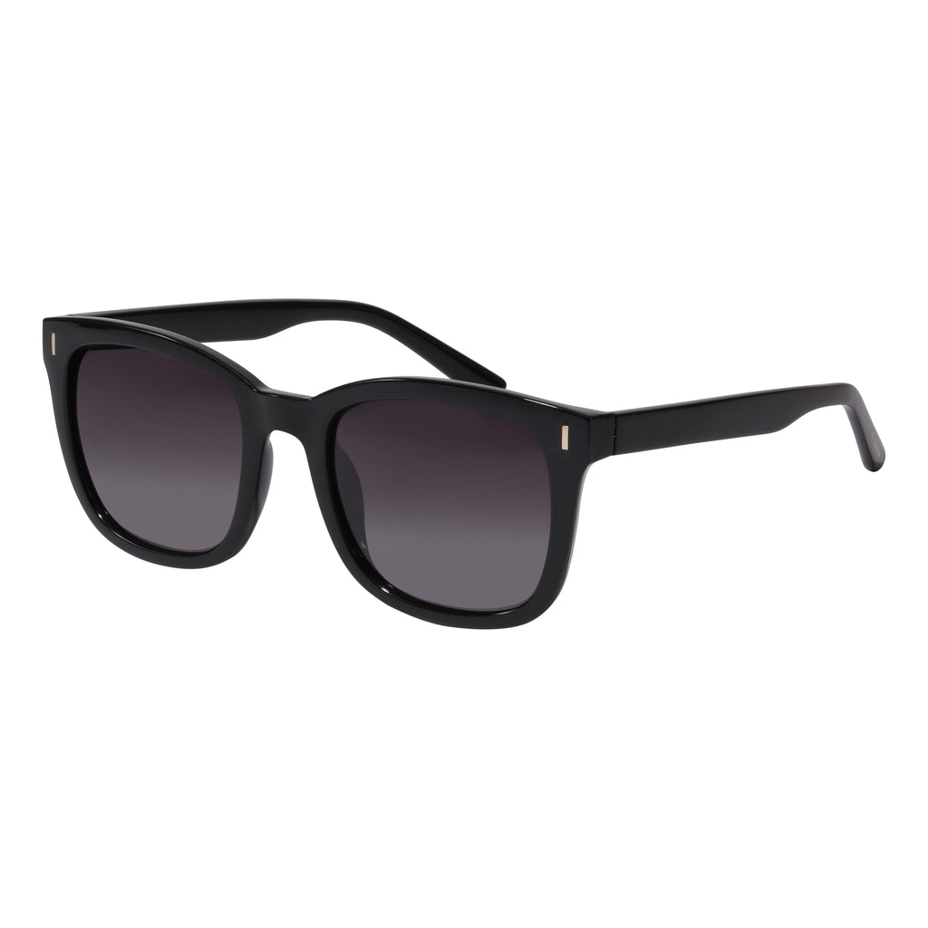 KATYA iconic retro sunglasses in black with grey lenses, featuring a delicate silver touch, made from 75% recycled plastic, offering UV protection.