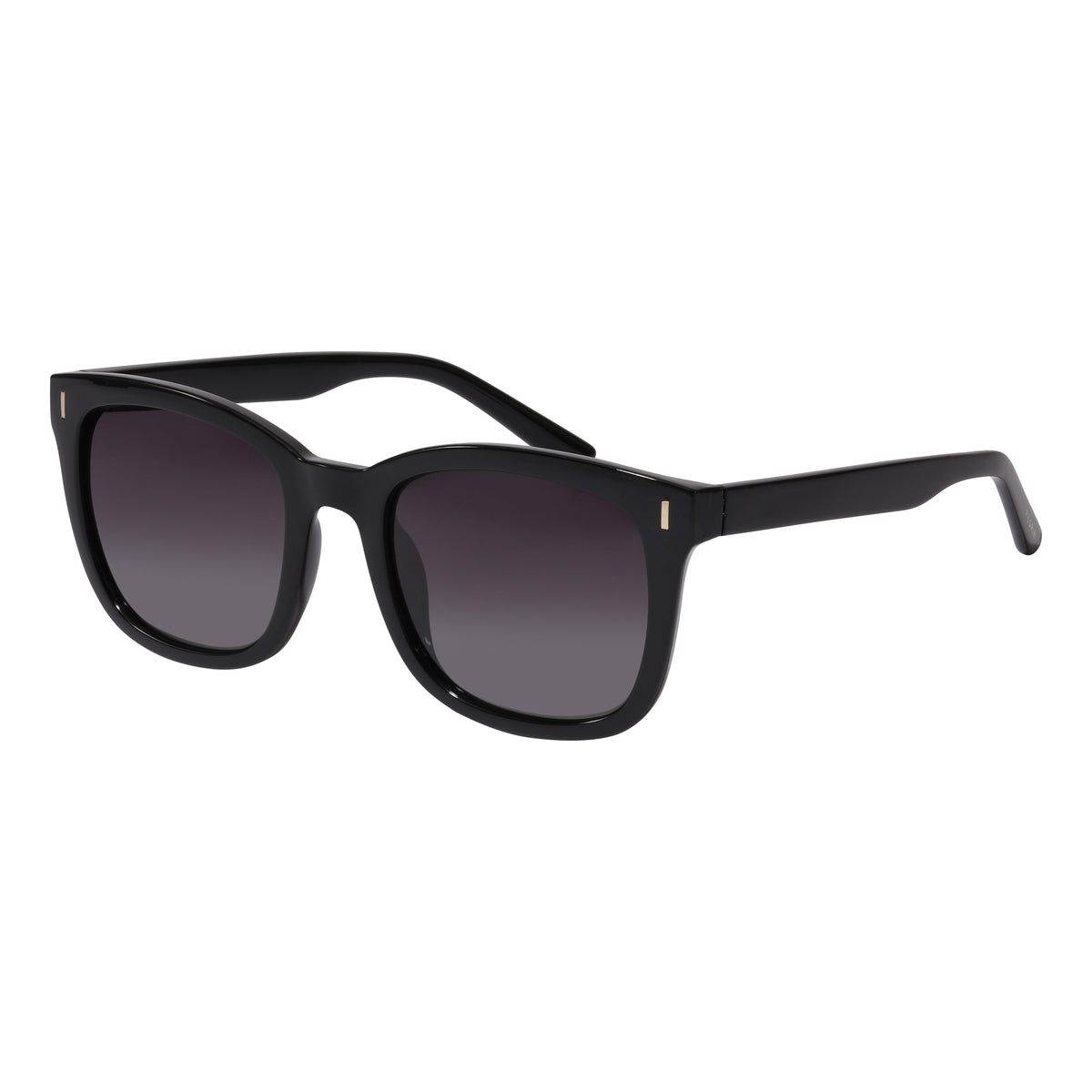 KATYA iconic retro sunglasses in black with grey lenses, featuring a delicate silver touch, made from 75% recycled plastic, offering UV protection.
