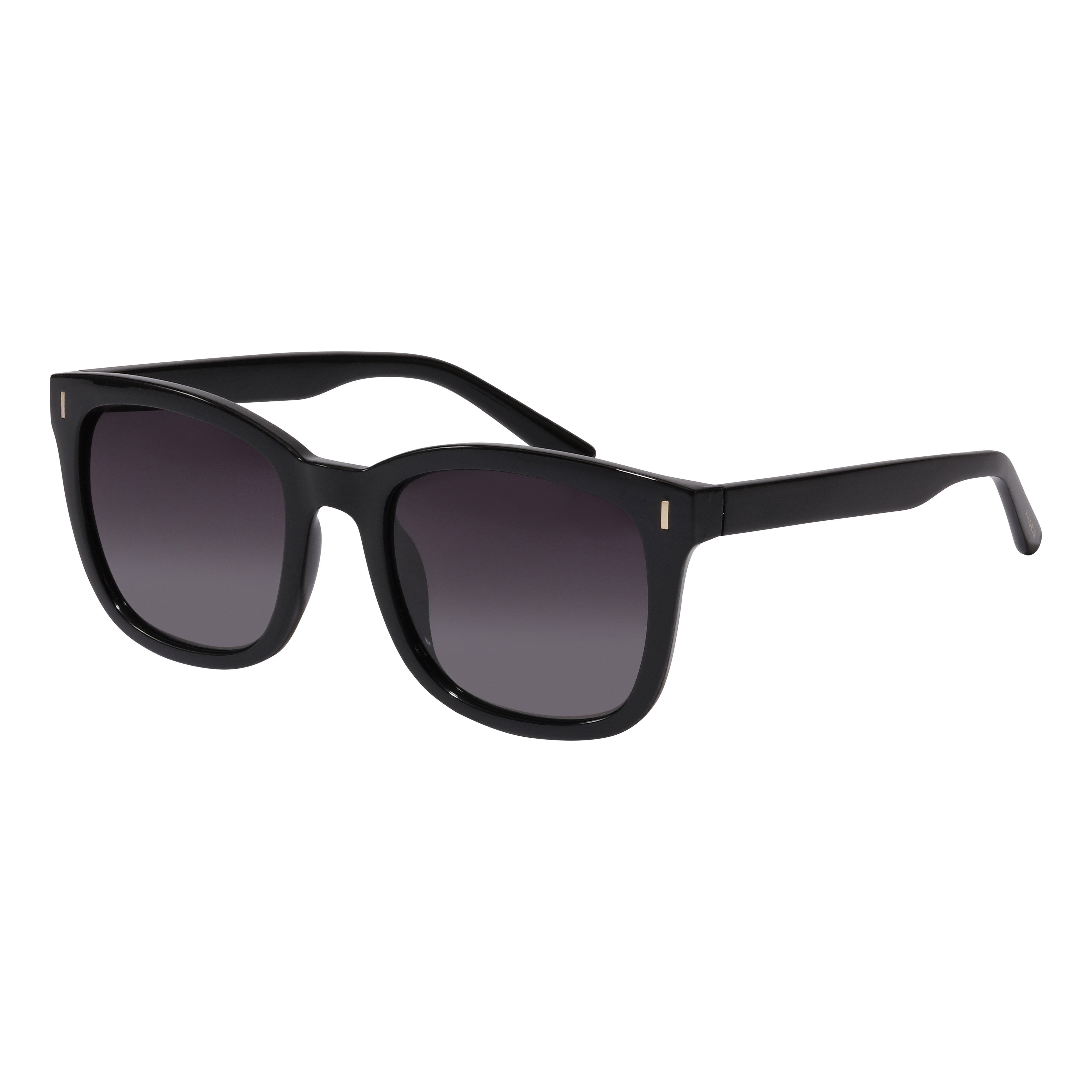 KATYA iconic retro sunglasses in black with grey lenses, featuring a delicate silver touch, made from 75% recycled plastic, offering UV protection.