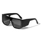 Johari sunglasses black with oversized frames, dark lenses, and broad temples, exuding trendy L.A. vibes; made of 75% recycled plastic, offering UVA/UVB protection.