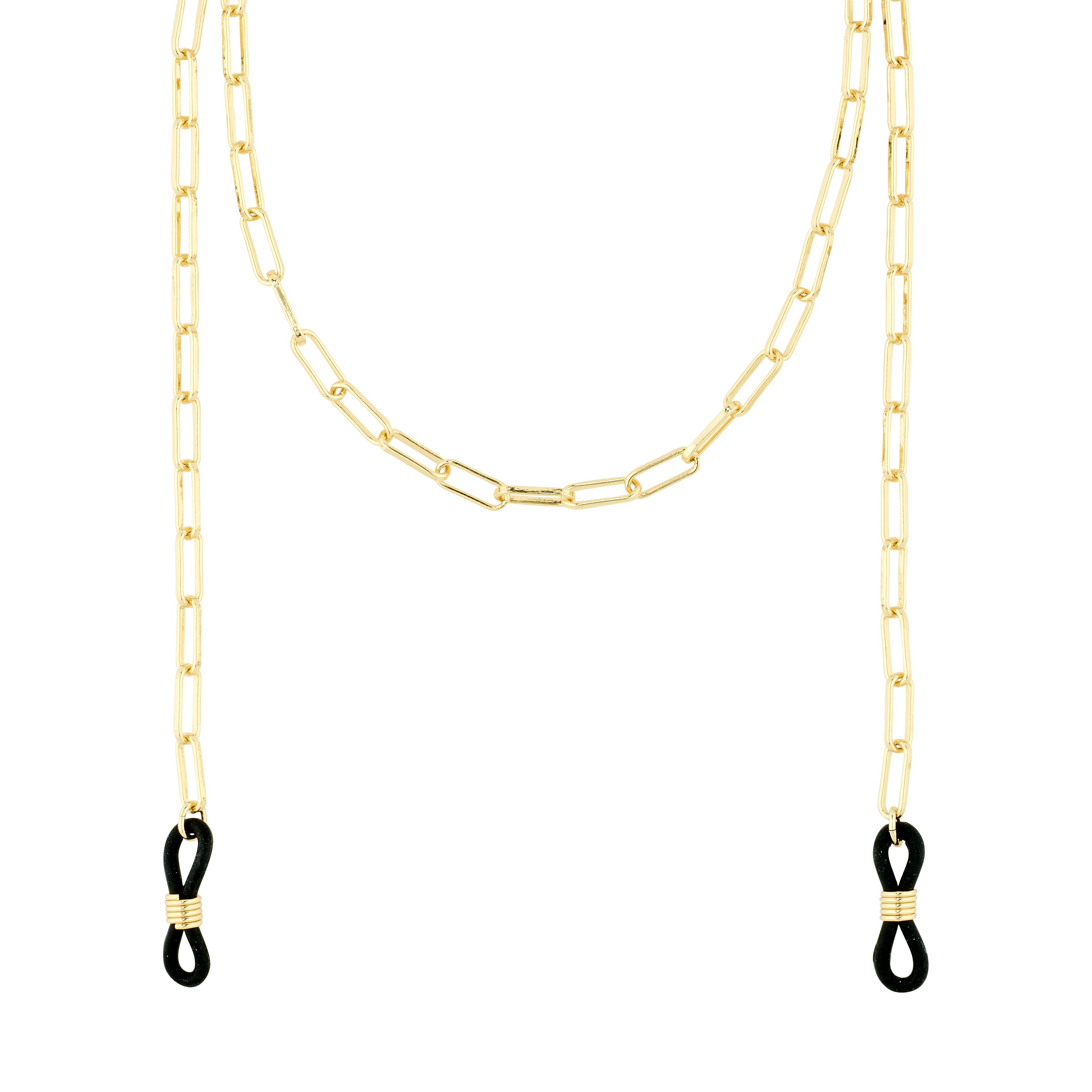 PAOLA gold-plated chain for sunglasses with black adjustable loops, featuring a delicate cable-chain design, measuring 70 cm for stylish accessory layering.