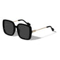 ALIET sunglasses black/gold with black lenses, oversized vintage-inspired style from Pilgrim, offering UVA/UVB protection. Comes with a sustainable pouch and cleaning cloth.