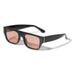 ENIEL sunglasses with black frame, golden detail, and trendy orange lenses. Made from recycled materials, offering UV400 protection. Ideal for stylish, eco-conscious individuals.