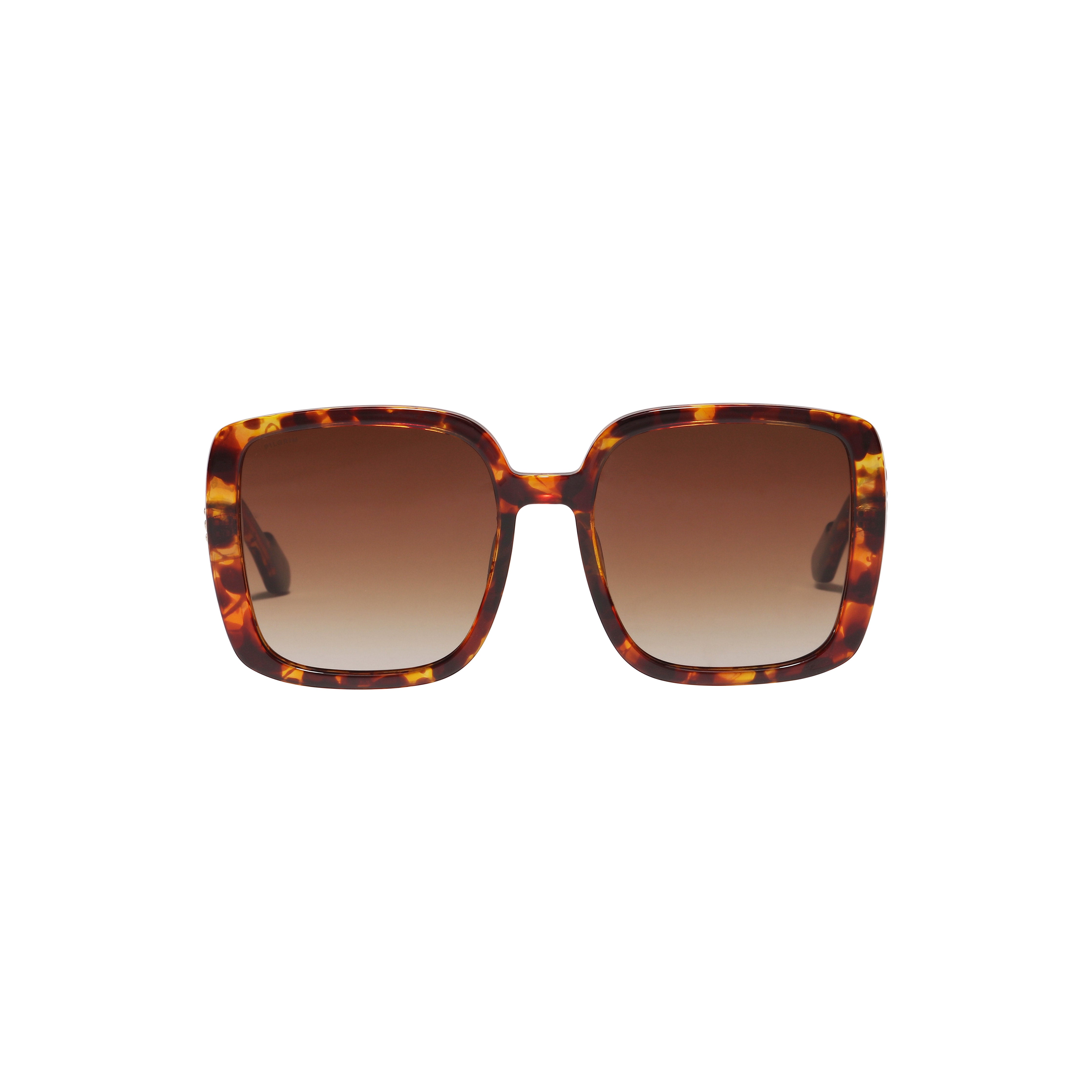 Close-up of ALIET sunglasses in tortoise brown/gold, showcasing oversized square frames with dark green lenses, embodying a vintage femme fatale style by Pilgrim.