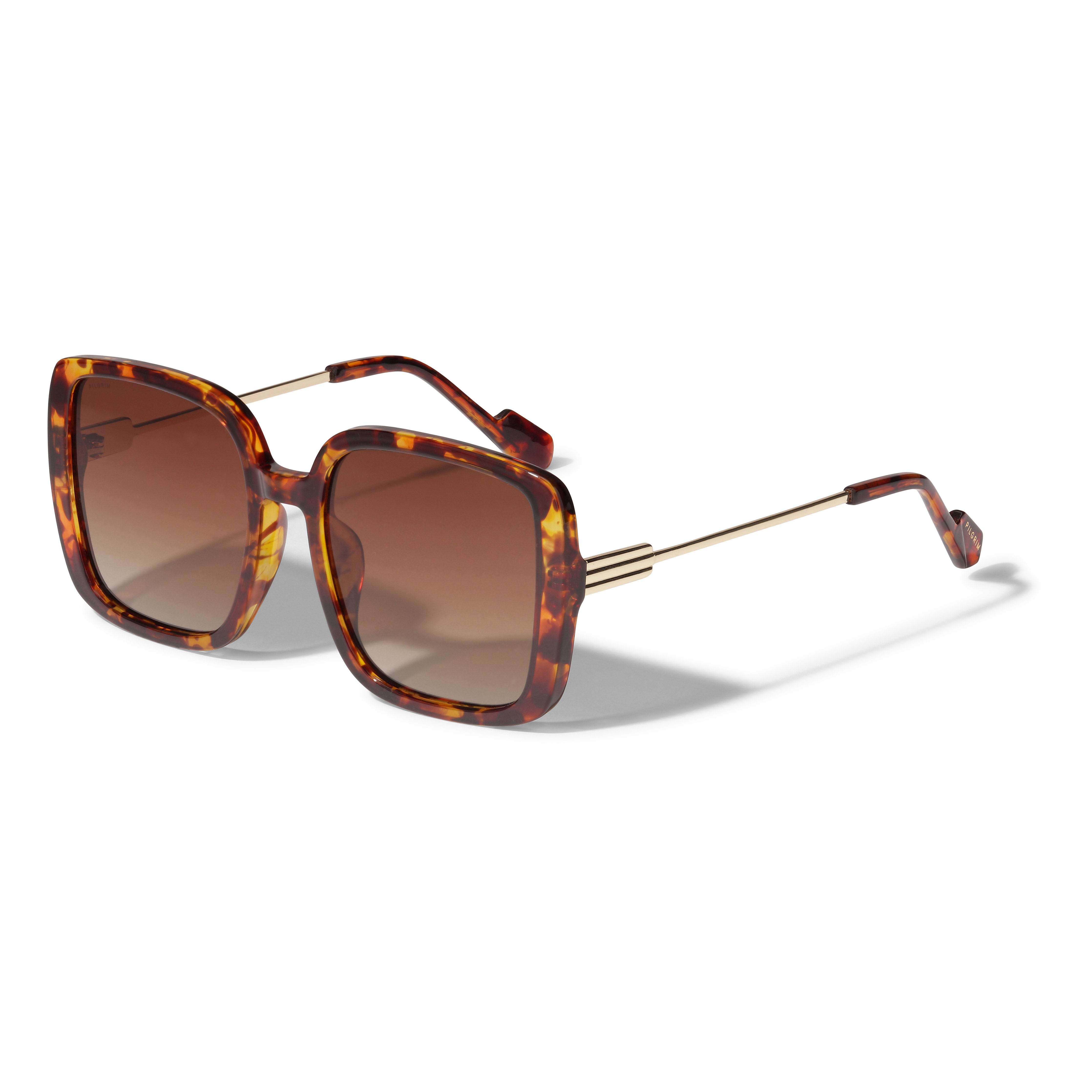 ALIET sunglasses tortoise brown/gold by Pilgrim, featuring oversized square frames and dark green lenses, perfect for a retro-inspired, timeless look with full UV protection.