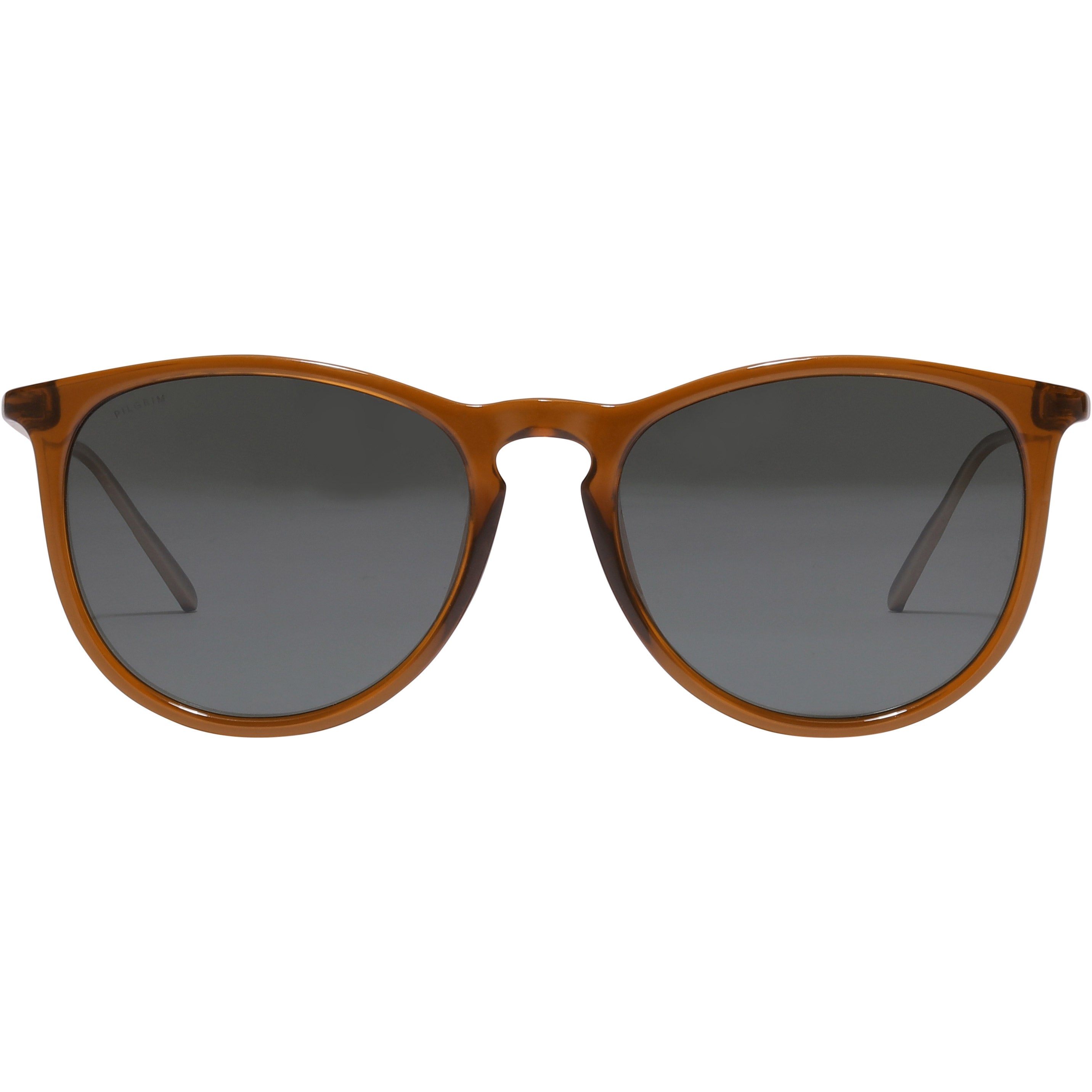 Close-up of VANILLE sunglasses in dark brown with gold accents, featuring slim metal arms and transparent frames, embodying minimalist elegance and high-class style.