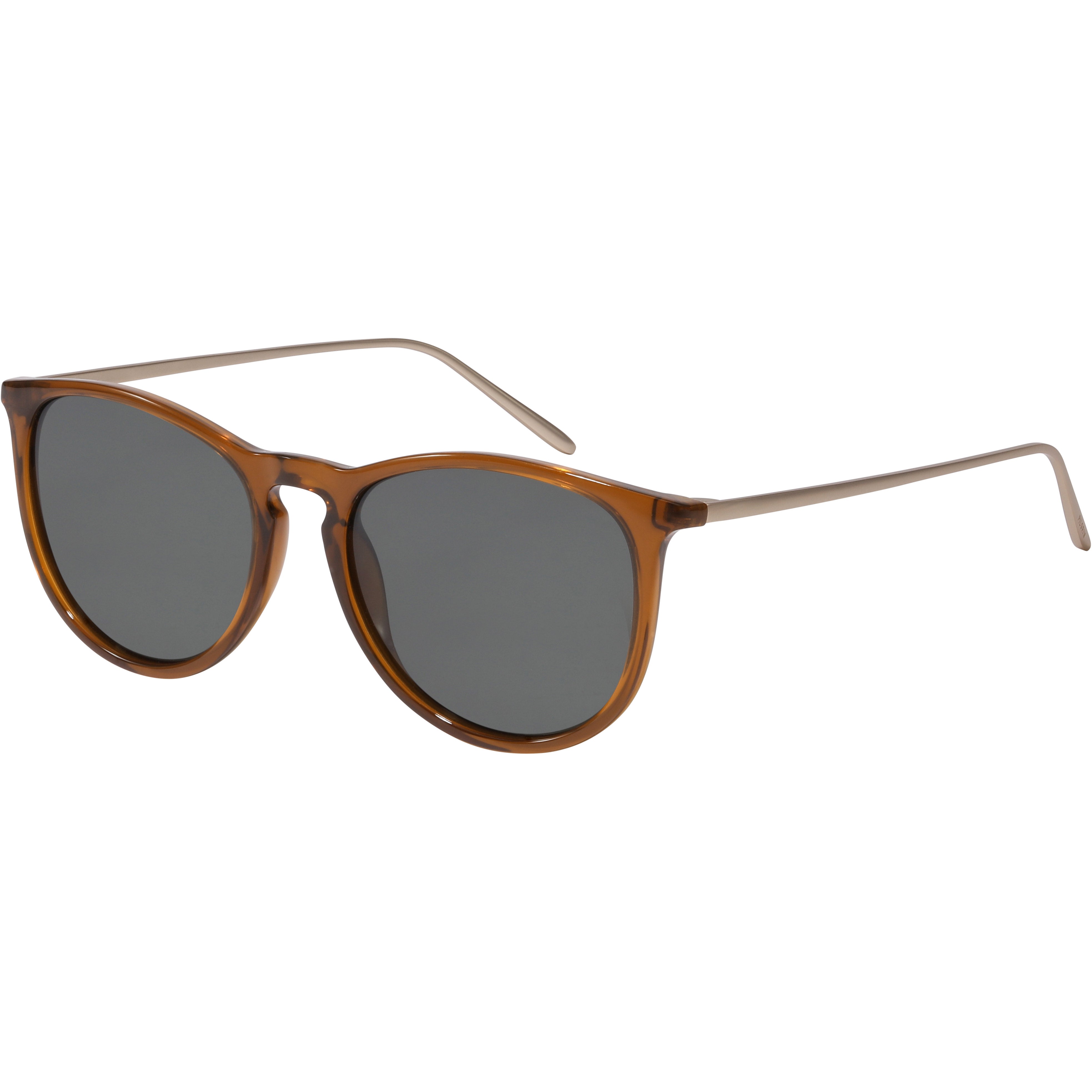 VANILLE sunglasses with sleek metal arms and transparent dark brown frames, embodying minimalist elegance from Pilgrim, featuring UVA/UVB protection and sustainable packaging.