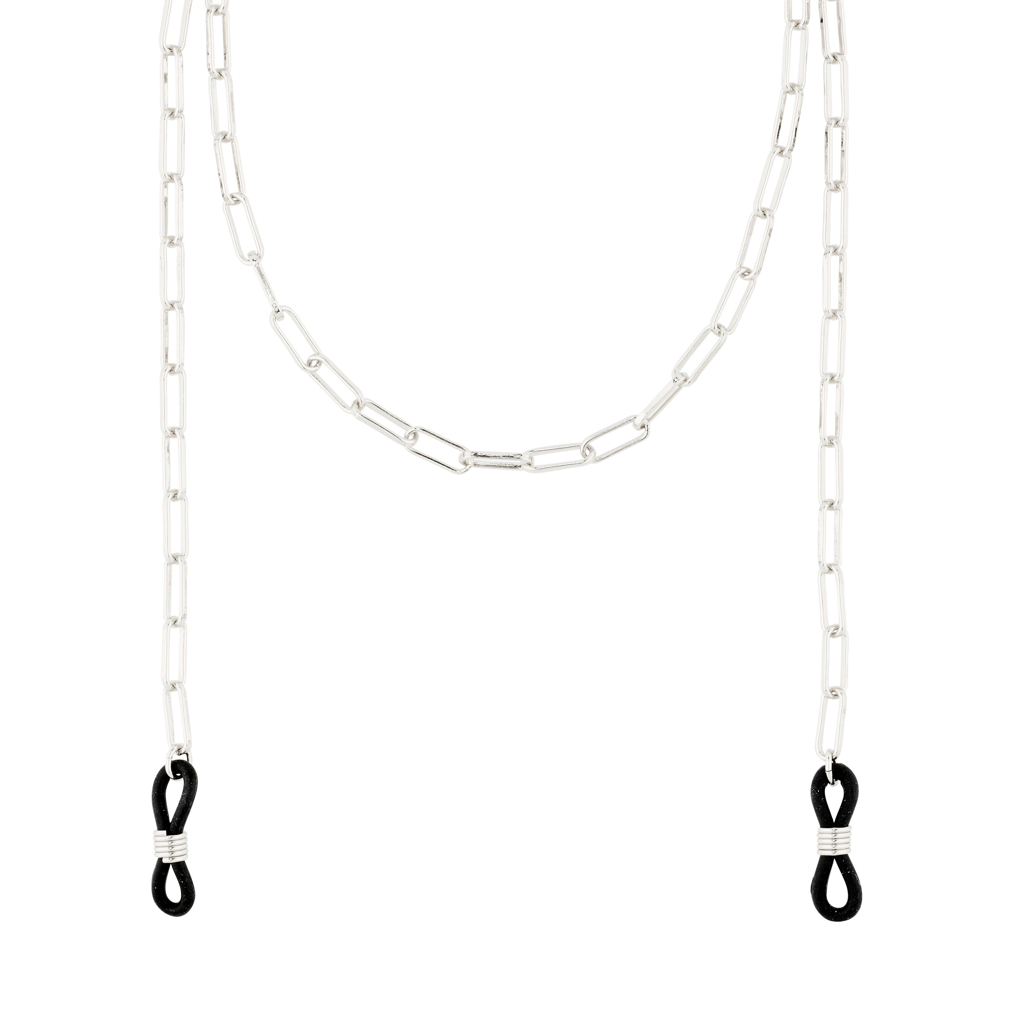 PAOLA chain for sunglasses, silver-plated, featuring a delicate cable-chain design with black adjustable rubber loops for easy attachment, adding a stylish touch to eyewear.
