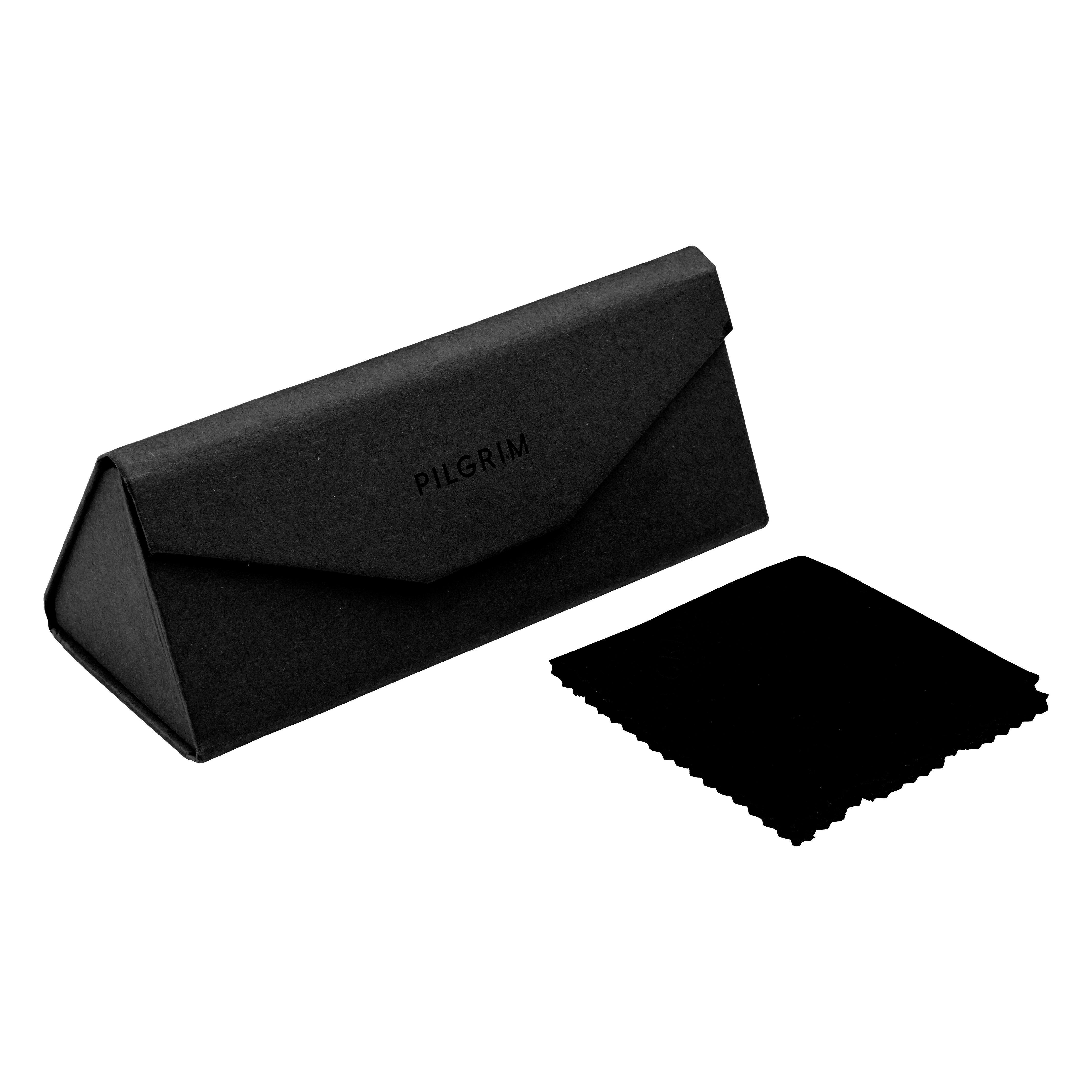 Black rectangular case for sunglasses with PILGRIM logo. Features a black cloth, embodying Scandinavian quality and style, tailored for Gen Y & Z trendsetters.