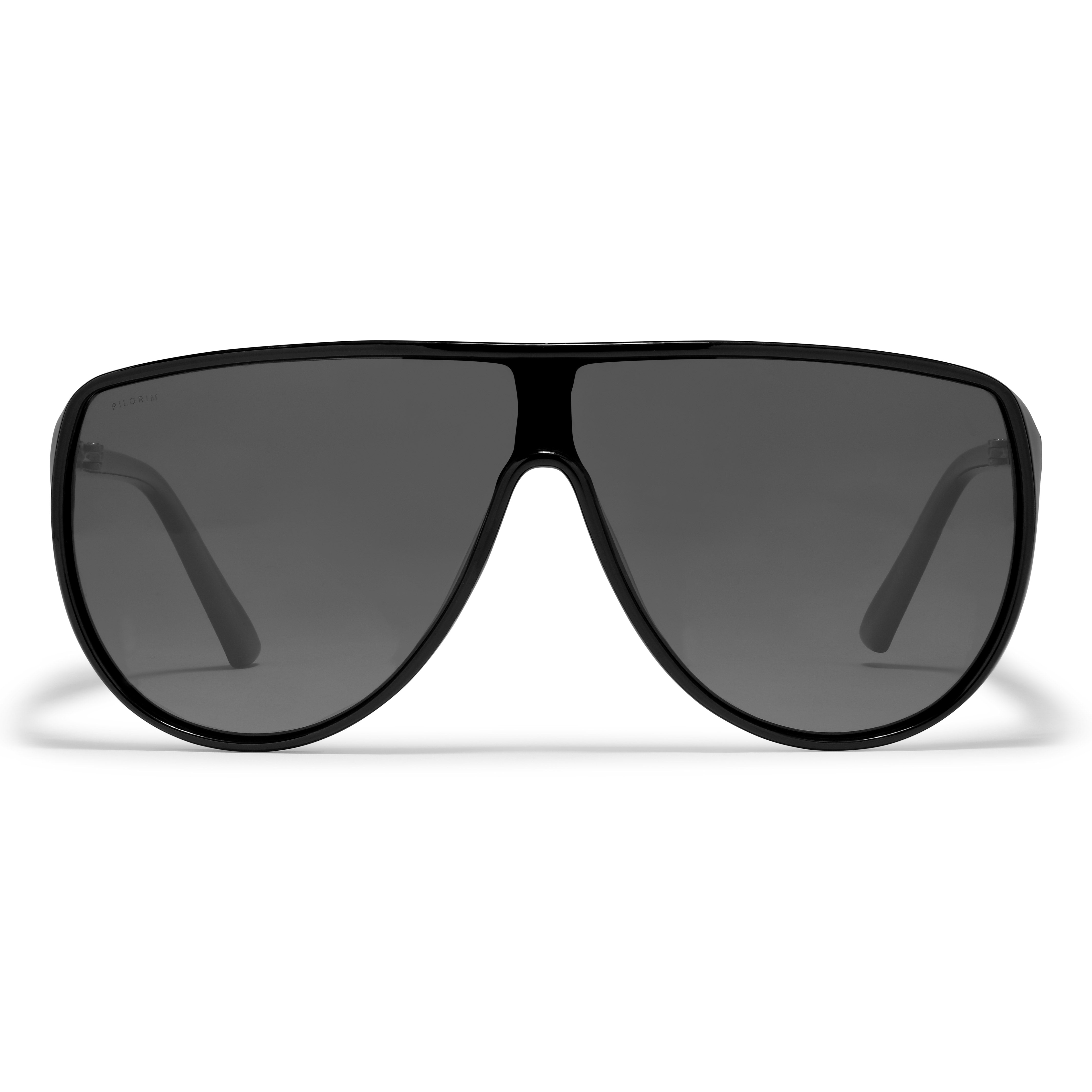 AMARI sunglasses black by Pilgrim, featuring large dark lenses in a pilot style, embodying urban sophistication with UVA/UVB protection and a protective fabric pouch.